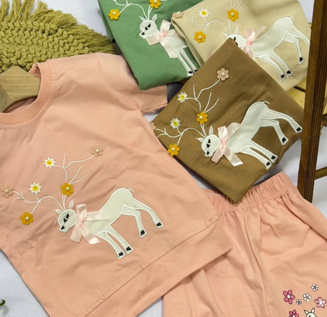 تیشرت شلوارک نخ پنبه لاکرادار با گلدوزی اهو